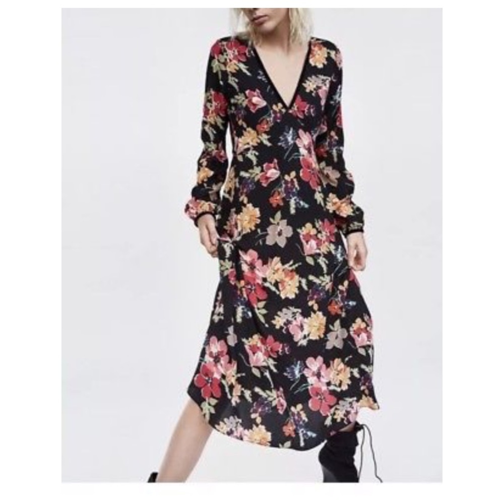 ZARA black floral print midi dress Sz S